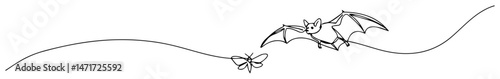 flying bats in horizontal line style, black and white vector banner