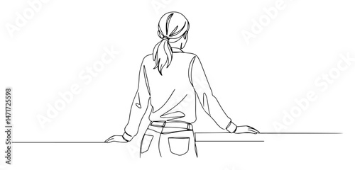 woman leaning back on surface with arms, black and white line vector drawing