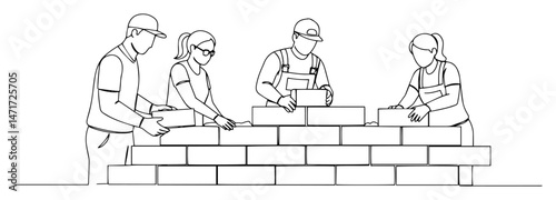 Masonry crew laying brick wall, one‑line drawing construction