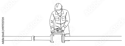 Construction worker planing wood plank with electric planer, continuous line art