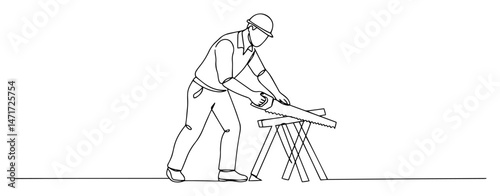 construction worker sawing a wooden plank, black and white line vector