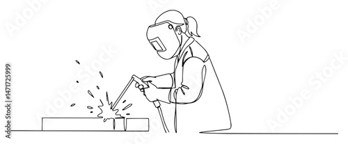 woman welding steel in protective gear – line drawing