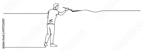 continuous line drawing of man painting a wall, minimalist vector style