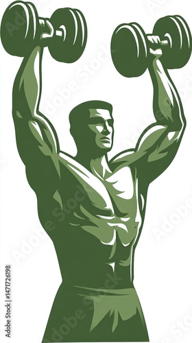 Logo, vector illustration of a man doing dumbbell curls with muscular arms and wearing a black cap