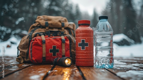 First aid kit water bottles flashlight in snowy environment