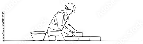 builder laying bricks in minimalist one line drawing, construction vector