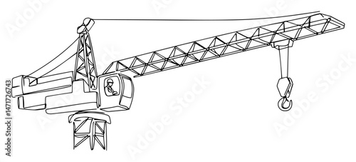 tower crane with long arm and hook, construction machinery, hand-drawn black and white vector