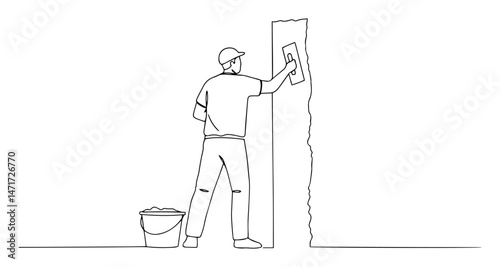 construction worker plastering wall surface with trowel, hand-drawn vector in clean line style