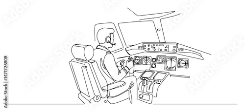 pilot inside airplane cockpit – vector line drawing
