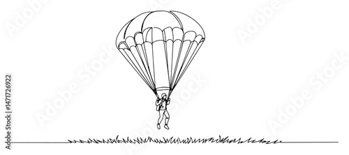 skydiver with parachute landing on ground, black and white vector in minimalist line art style