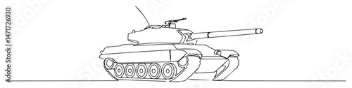 black and white vector of a modern military tank drawn with a single continuous line
