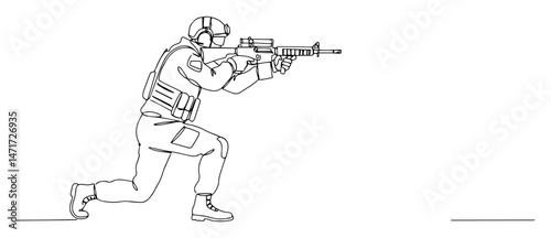 line art of a soldier aiming rifle in kneeling position, minimal military vector sketch