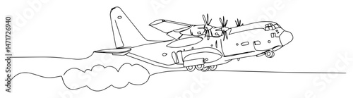 military airplane taking off drawn in continuous line vector style, minimal aircraft sketch