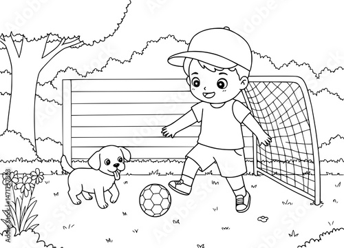 little boy playing football with his dog in yard. coloring book for kids