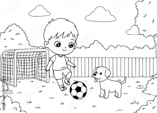 little boy playing football with his dog in yard. coloring book for kids. Kawaii style