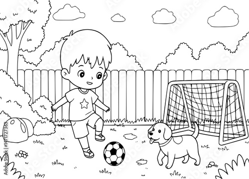 little boy playing football with his dog in yard. coloring book for kids