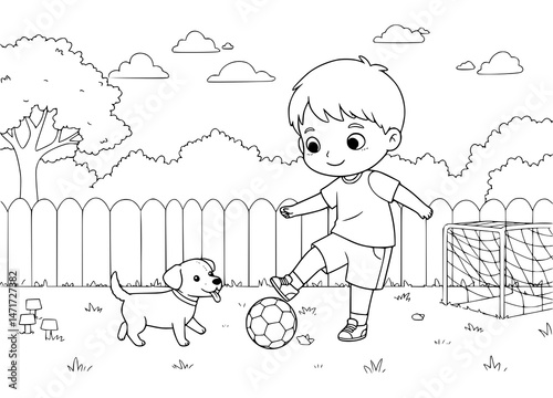 little boy playing football with his dog in yard. coloring book for kids