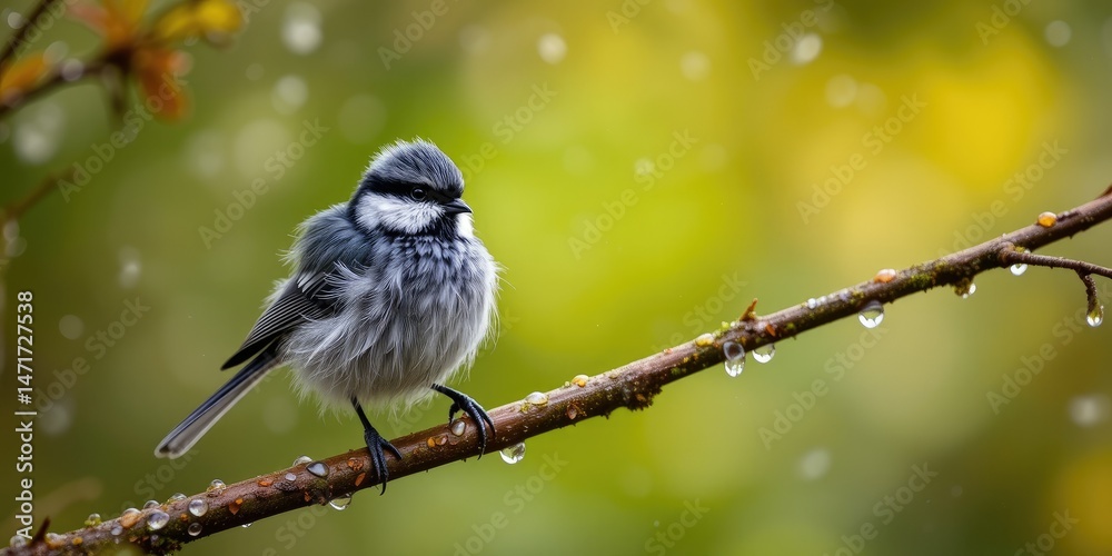 Naklejka premium Long-tailed Tit Prepares for a Refreshing Wash