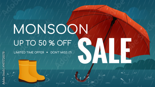 Monsoon Sale Banner with Umbrella and Rainy Background