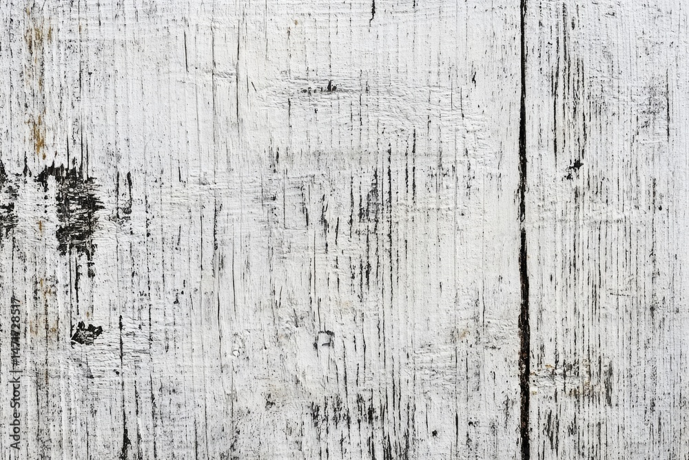 Obraz premium Weathered wooden planks with distressed white paint, showing texture and age in a rustic and textured surface.