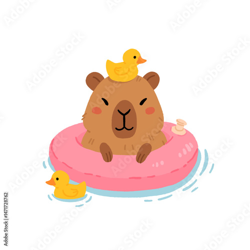 Funny summer capybara floating on inflatable ring. Cute rodent with rubber duck on head sitting in water puddle. Childish mascot, wild exotic animal rest, vector character