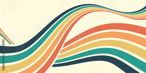 Abstract colorful 70s background vector. Vintage retro wallpaper with rainbow stripes and wavy lines. A 1970 color illustration suitable for posters, banners, decorative items and wall art.