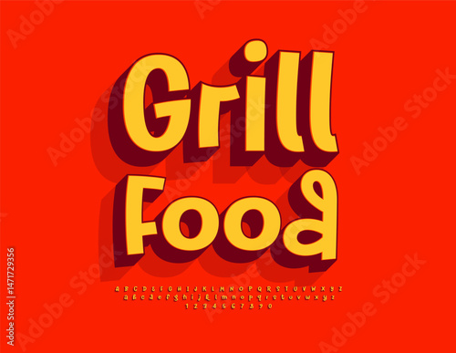 Vector Gourmet signboard Grill Food. Modern Bright Font. Creative 3D Alphabet Letters and Numbers set.