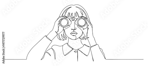 minimalist line art of woman using binoculars, black and white observer vector