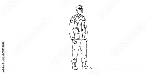 retro-style line art of soldier in military uniform standing in pose, clean vector outline


