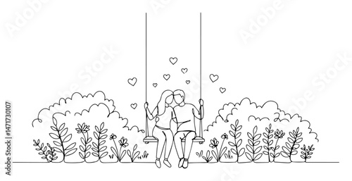 romantic couple sitting on a swing in garden, black and white vector with love theme