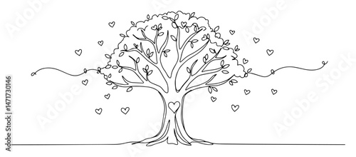 romantic tree with hearts drawn in one continuous line vector style for love themes