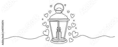 romantic candle lantern sketch – one line drawing
