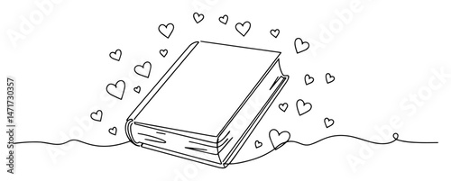 book surrounded by small hearts, romantic story symbol, hand-drawn valentine theme vector