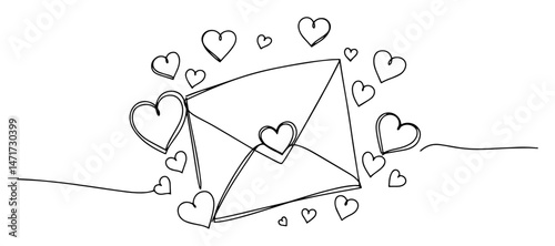 romantic envelope with floating hearts, black and white line vector perfect for love messages
