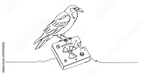 crow perched on damaged geiger counter, postapocalyptic line vector