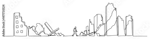 lone figure walking through ruined city, apocalyptic line art vector