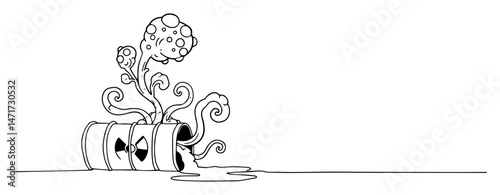 radioactive barrel spilling toxic waste with mutant plant, line art vector