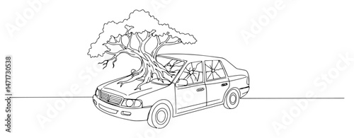 tree growing inside wrecked car, symbol of nature reclaiming space, line vector