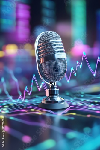 Retro Mic on Data Waveform Cityscape