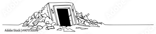 collapsed bunker buried in debris, postapocalyptic black and white line vector
