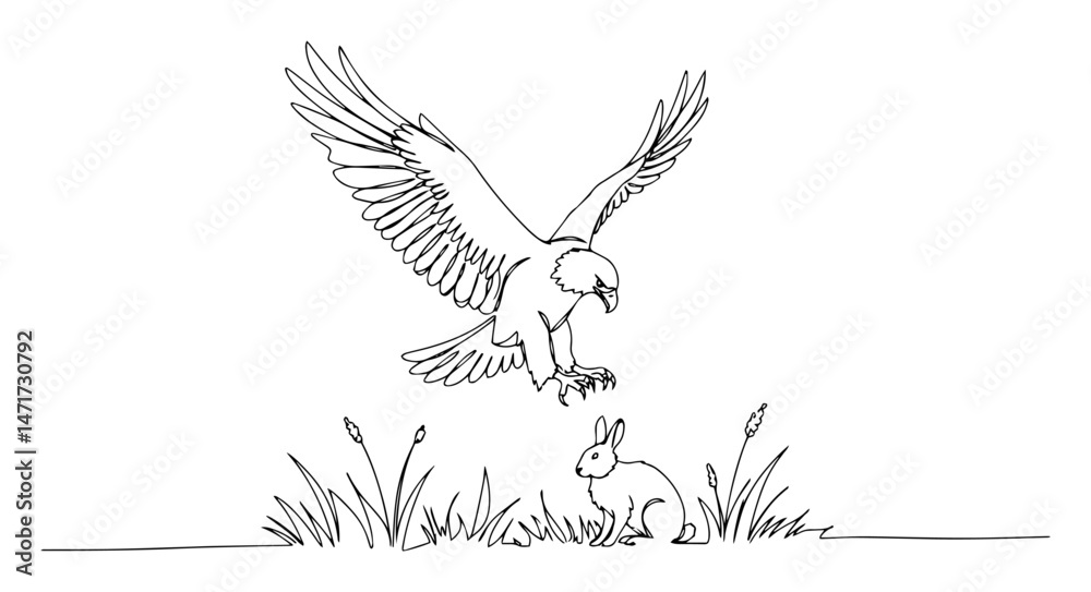 Obraz premium eagle swooping down on rabbit in nature scene, minimalist predator and prey line vector