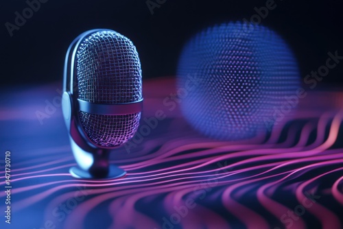 Retro mic on glowing waves, digital sphere