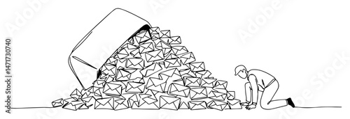 man overwhelmed by huge pile of envelopes, minimalist black and white vector line illustration
