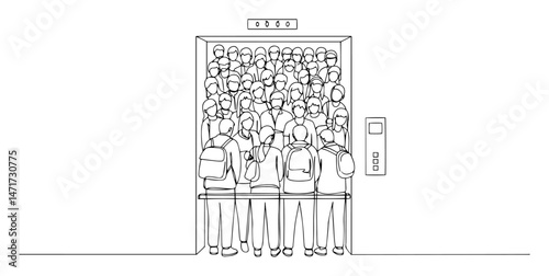 minimalist black and white vector of crowded elevator with people packed inside, social concept