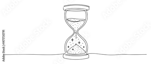 minimal line vector of an hourglass filled with sand and stars, representing time and infinity
