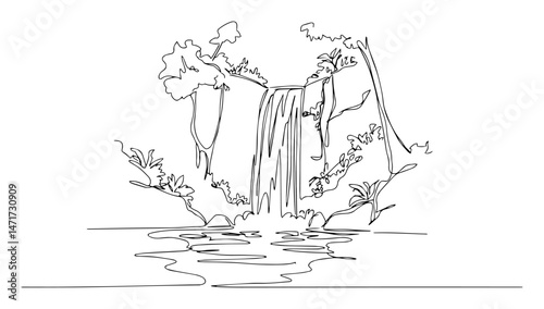 forest waterfall surrounded by rocks and trees, peaceful natural scene in hand-drawn black and white vector style