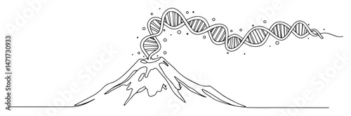 creative line drawing of volcano erupting dna helix, merging science and nature