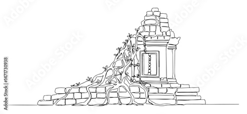 line drawing of ancient ruins covered with roots and plants, black and white vector