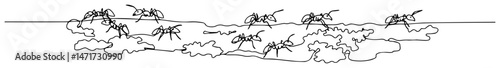 ants walking in line over stylized terrain, minimalist black and white vector representing teamwork and persistence