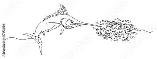 black and white vector of swordfish chasing a school of fish, drawn in minimal continuous line art style